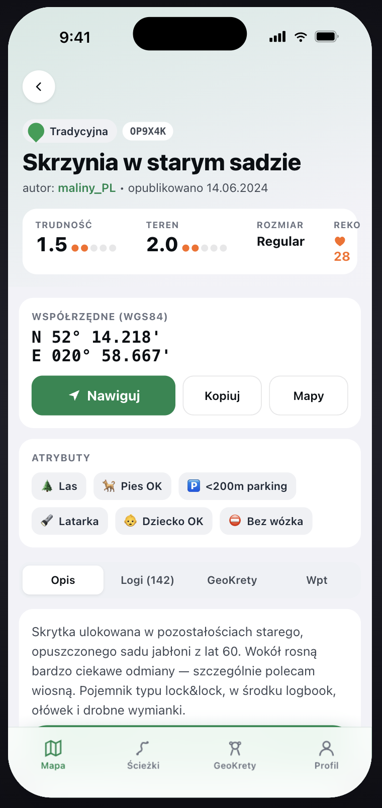 Karta skrytki z detalami