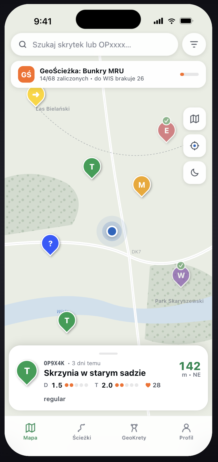 Mapa z pinami skrytek OC.pl