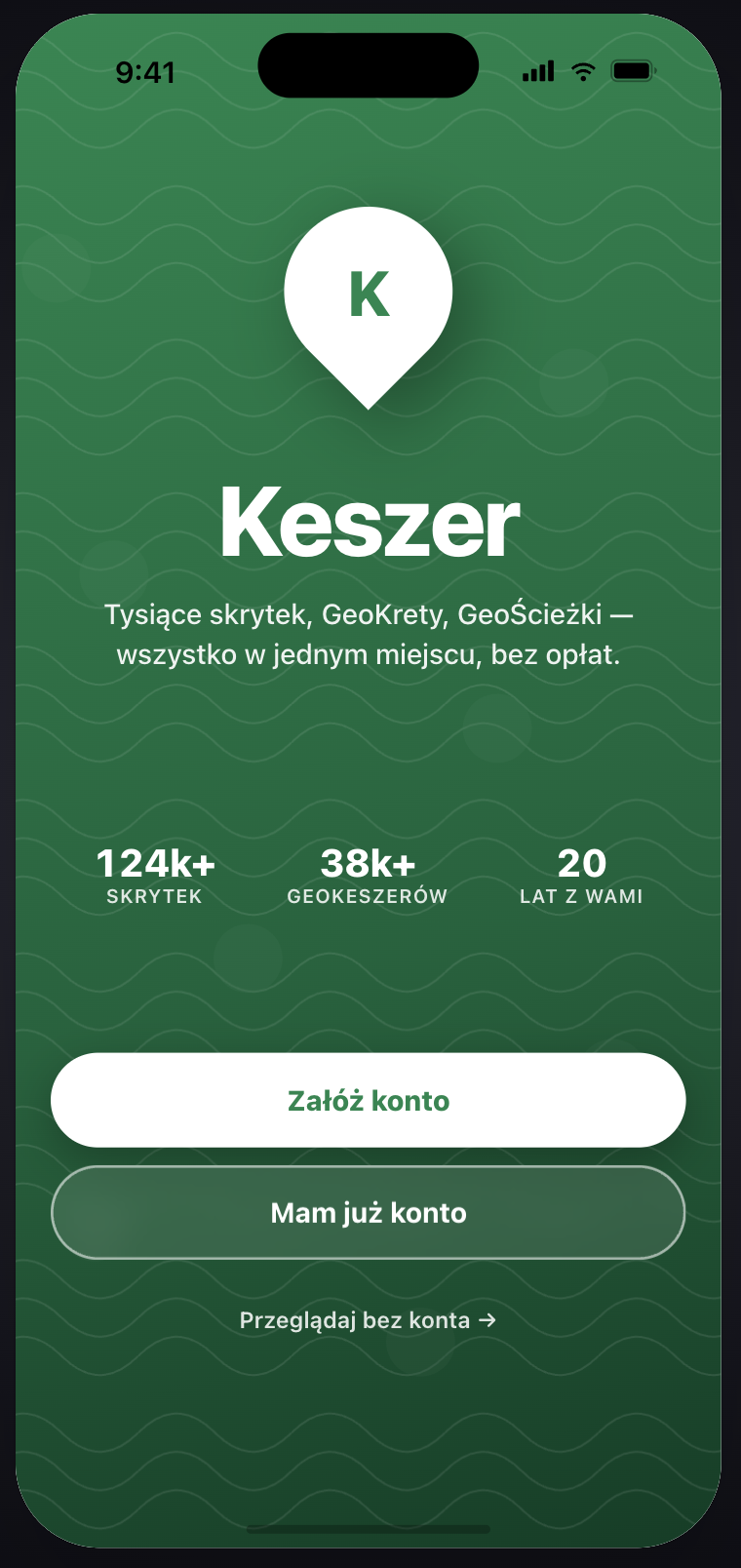 Ekran powitalny aplikacji Keszer